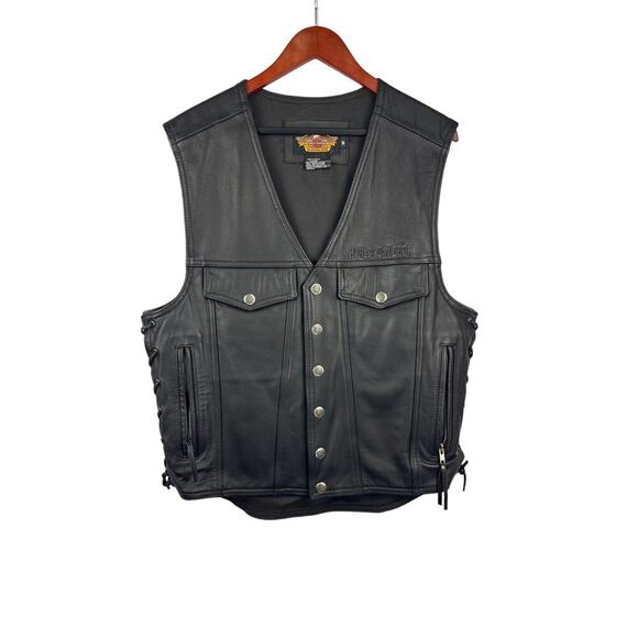 Men’s Harley Davidson Size Medium Black Leather Riding Vest. - Picture 1 of 5
